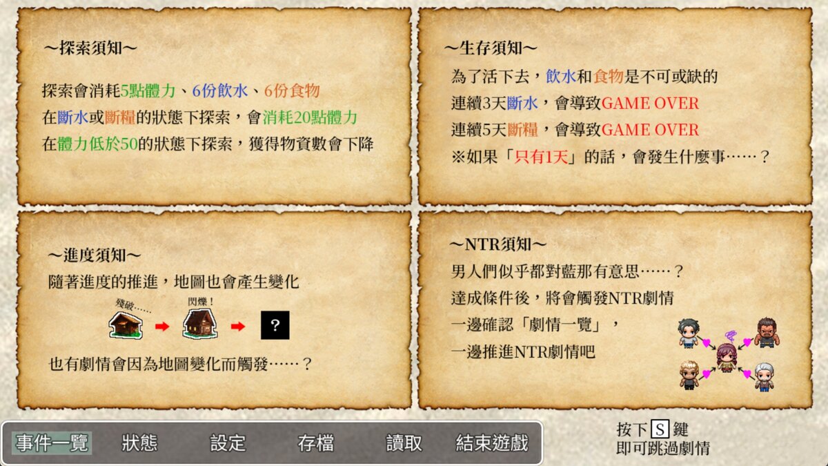 探索、生存、進度與 NTR 四則須知