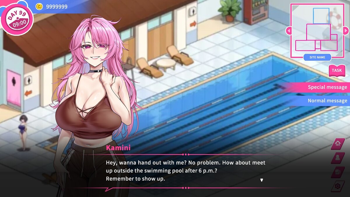 A poolside conversation, with the task and message menu on the right