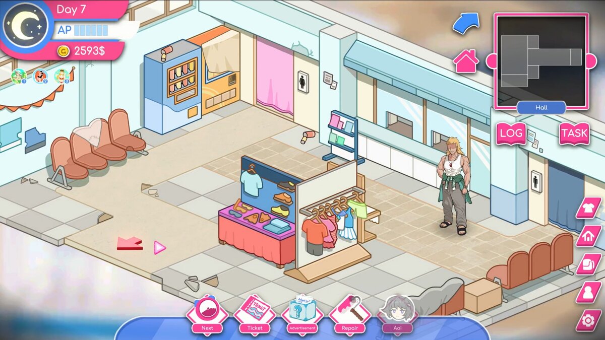 The pool lobby, with ticket, advertising and repair commands along the bottom