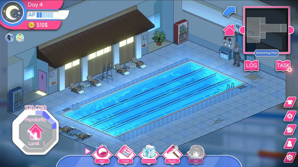 The pool area, with popularity and level shown at the lower left