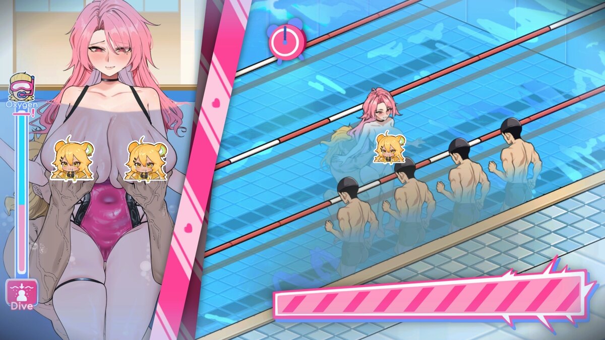 The underwater mini-game (censored with stickers), oxygen gauge on the left
