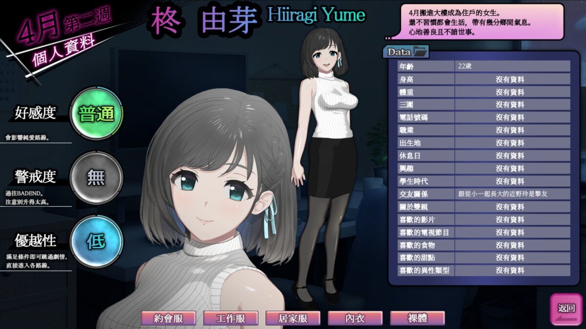由芽的个人资料页,记录好感度、警戒度、优越性与各套服装