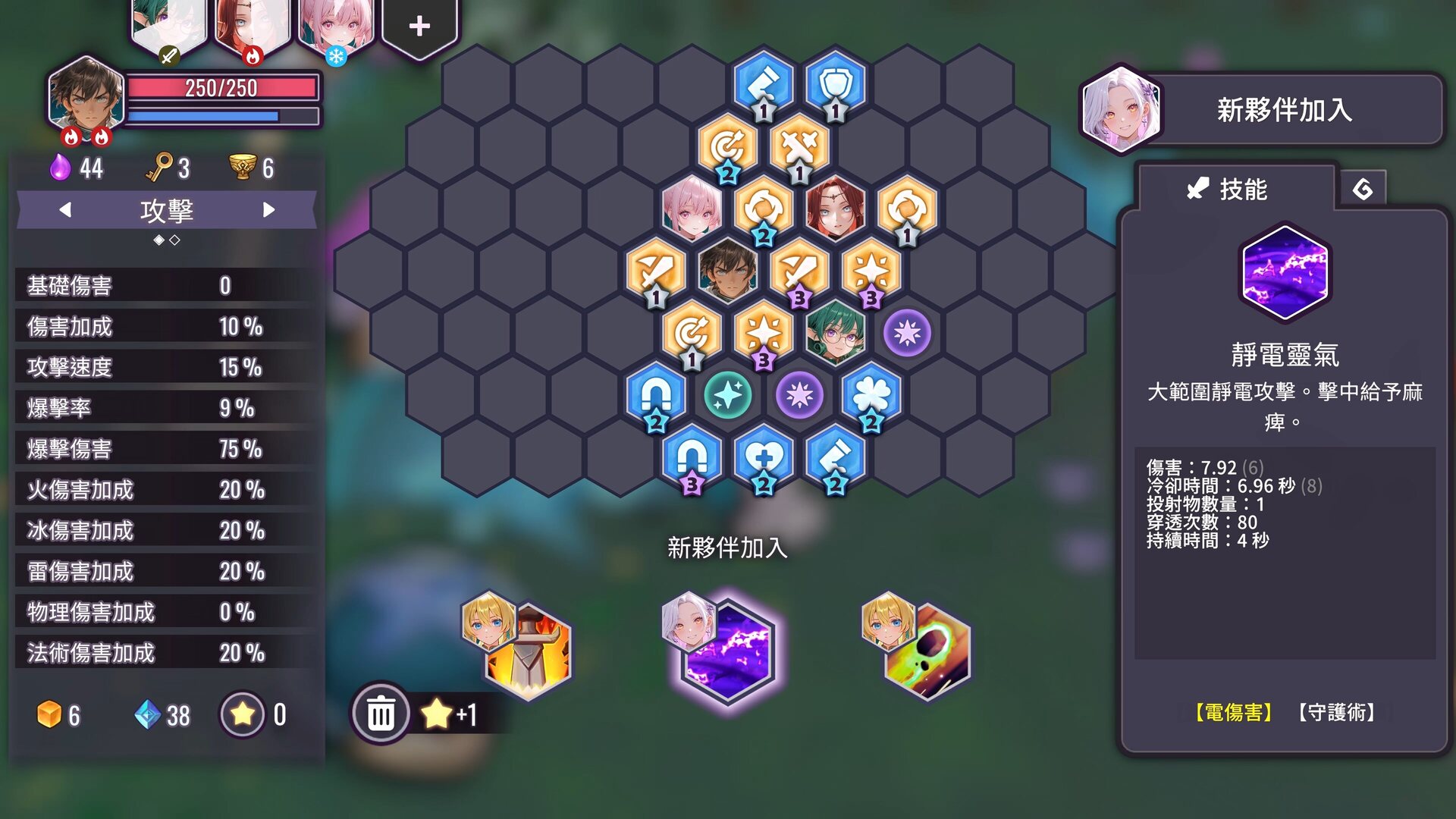 新夥伴加入畫面,顯示靜電靈氣技能數值