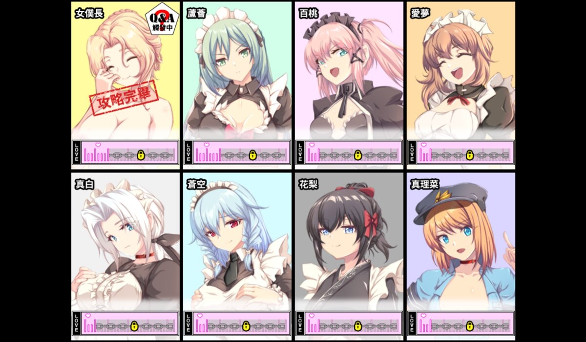 The affection screen for the eight characters you can interact with