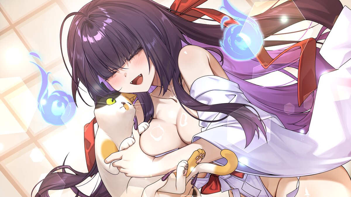 《~調教女鬼~ 淨化巨乳地縛靈》遊戲 CG：瞳抱著一隻三花貓