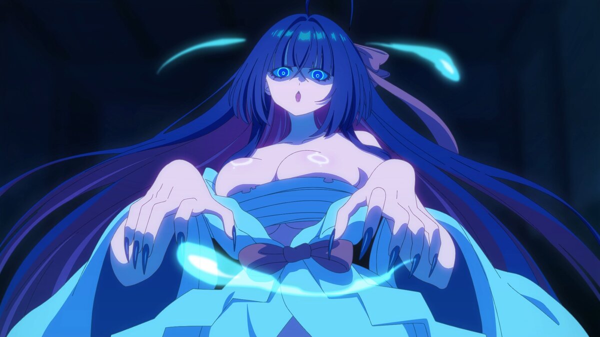 《~調教女鬼~ 淨化巨乳地縛靈》PV 截圖：長髮、身穿藍色和服的神秘女鬼瞳現身