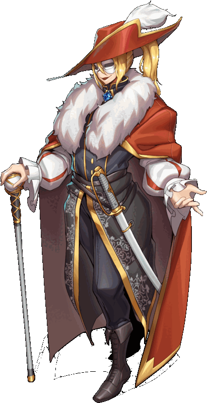 《萊雅的行商蜜事》遊戲 CG:萊特全身立繪,紅色羽毛帽、白色面具、白毛領紅披風,配著軍刀與手杖 《萊雅的行商蜜事》遊戲 CG:萊特全身立繪,紅色羽毛帽、白色面具、白毛領紅披風,配著軍刀與手杖