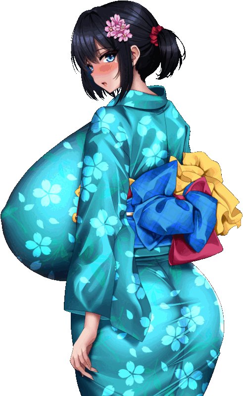 《与爆乳大学生同居吧！》游戏 CG：远野雫水蓝色浴衣立绘，头上别着花