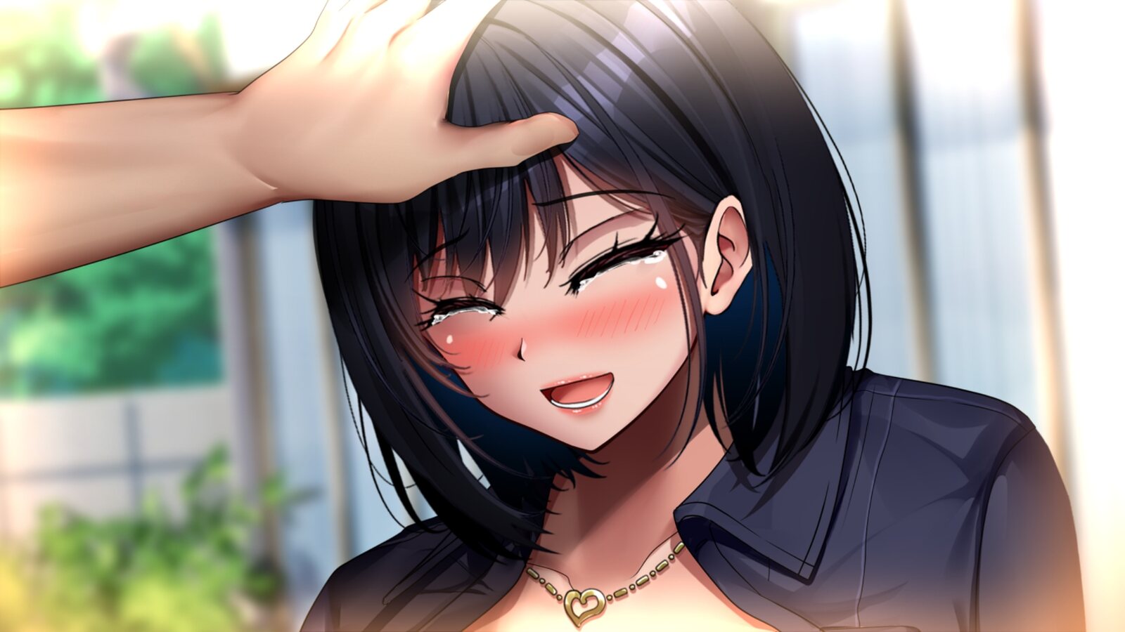 《与爆乳大学生同居吧！》游戏 CG：闭着眼微笑、被摸头的雫