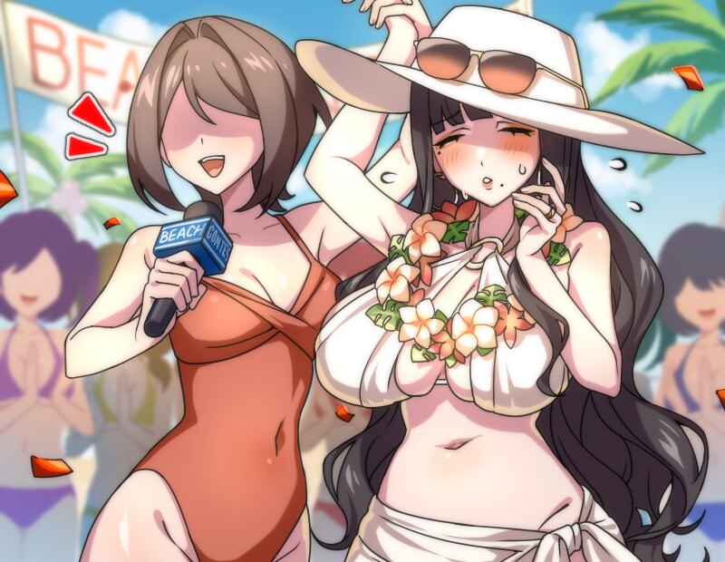 《夏日海風》遊戲 CG：黑長髮女主角戴花圈，和主持人在海灘比賽