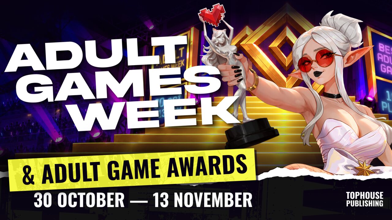 Adult Games Week key art: white-haired elf girl holding a trophy with event title and dates