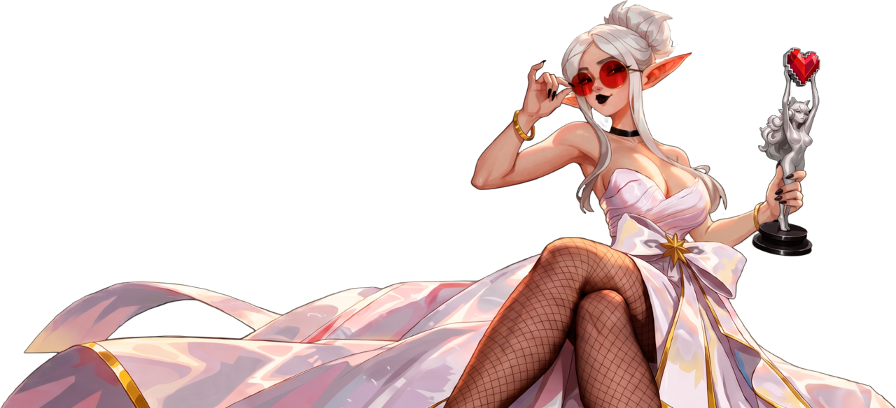 Adult Games Week 活動主視覺：戴紅色墨鏡、穿白色禮服的白髮精靈看板娘手持獎座