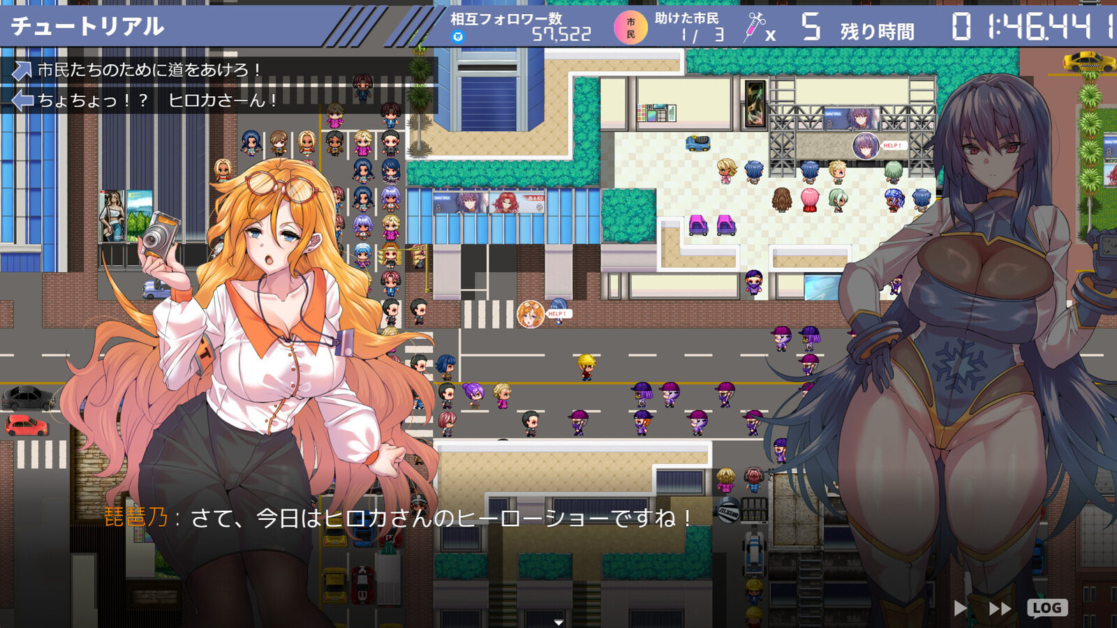《凍堂英霞的隸雄傳》遊戲 CG：任務模式俯視地圖，左側戴眼鏡的琵琶乃與右側的凍堂英霞