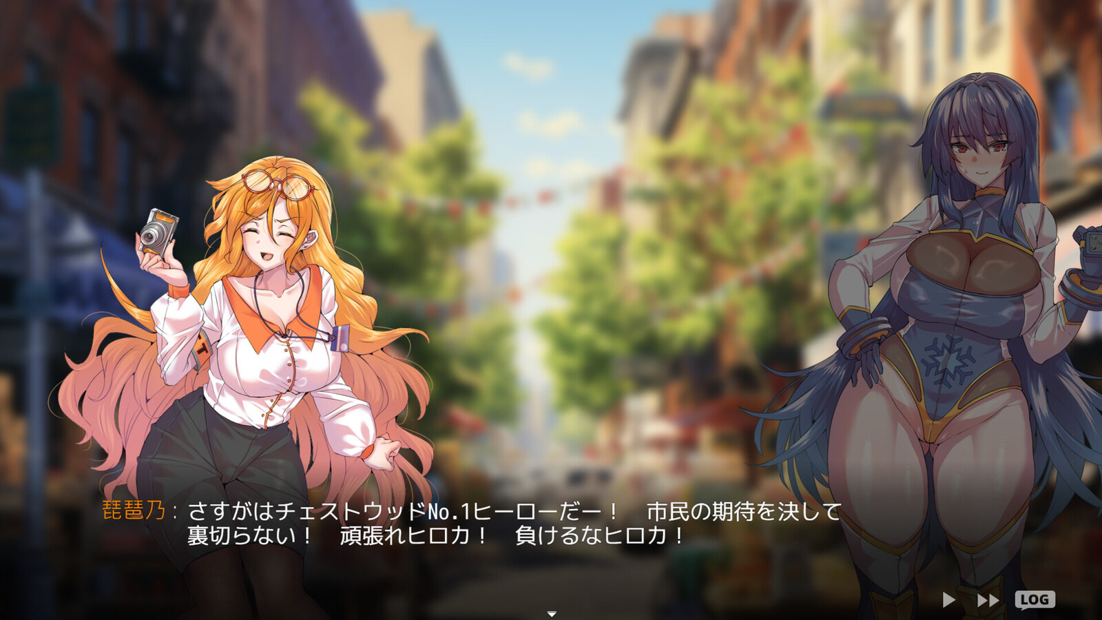 《凍堂英霞的隸雄傳》遊戲 CG：街景中拿著相機的琵琶乃與凍堂英霞
